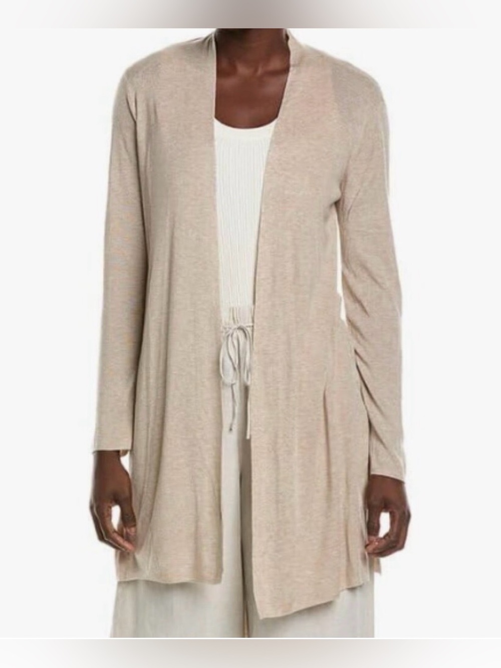 Eileen Fisher Straight Cardigan Large Maple Oat Lyocell Silk Long Duster NWT